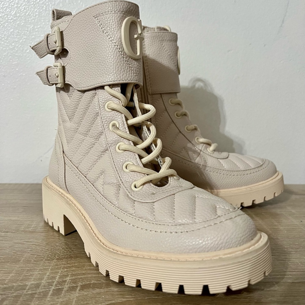GUESS Cream Quilted Lace-Up Heeled Combat Boots